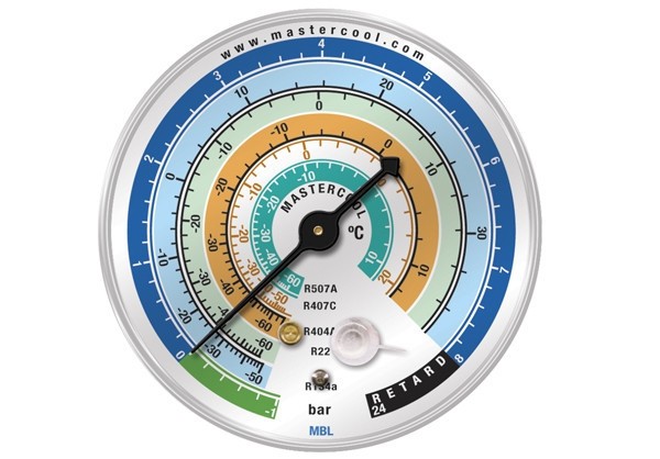 Мановакуумметр Mastercool диаметром 80 мм., Bar/° C, класс 1,6 (R22; R134a; R404A; R407C; R507) MBL
